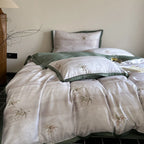 Satin Bedding Set Breathable Bamboo Print & Contrast Piping