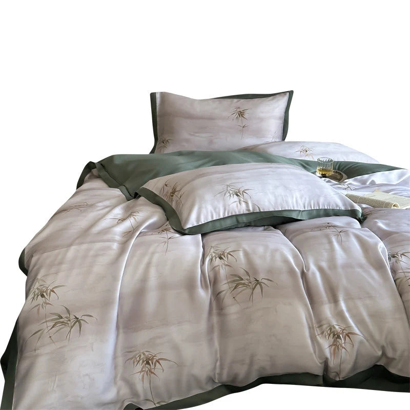 Satin Bedding Set Breathable Bamboo Print & Contrast Piping