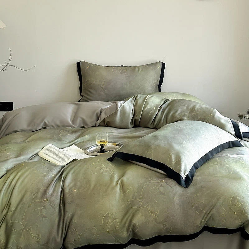 Satin Bedding Set Breathable Bamboo Print & Contrast Piping