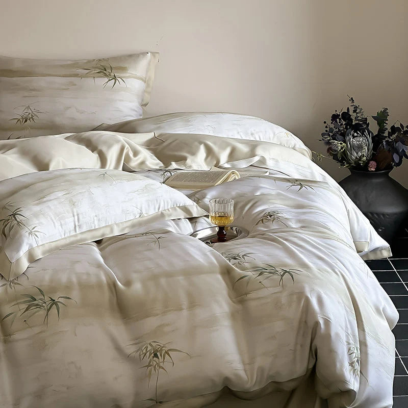 Satin Bedding Set Breathable Bamboo Print & Contrast Piping
