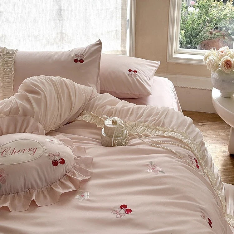 Satin Bedding Set Cherry Embroidery Four-Piece