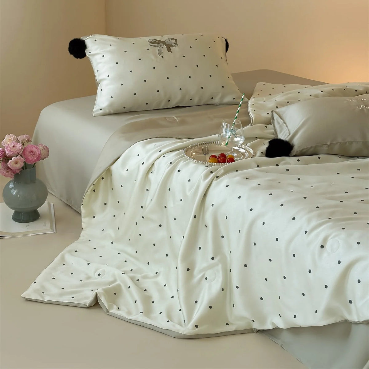 Satin Bedding Set Cooling Polka Dot & Pom-Pom Tassels