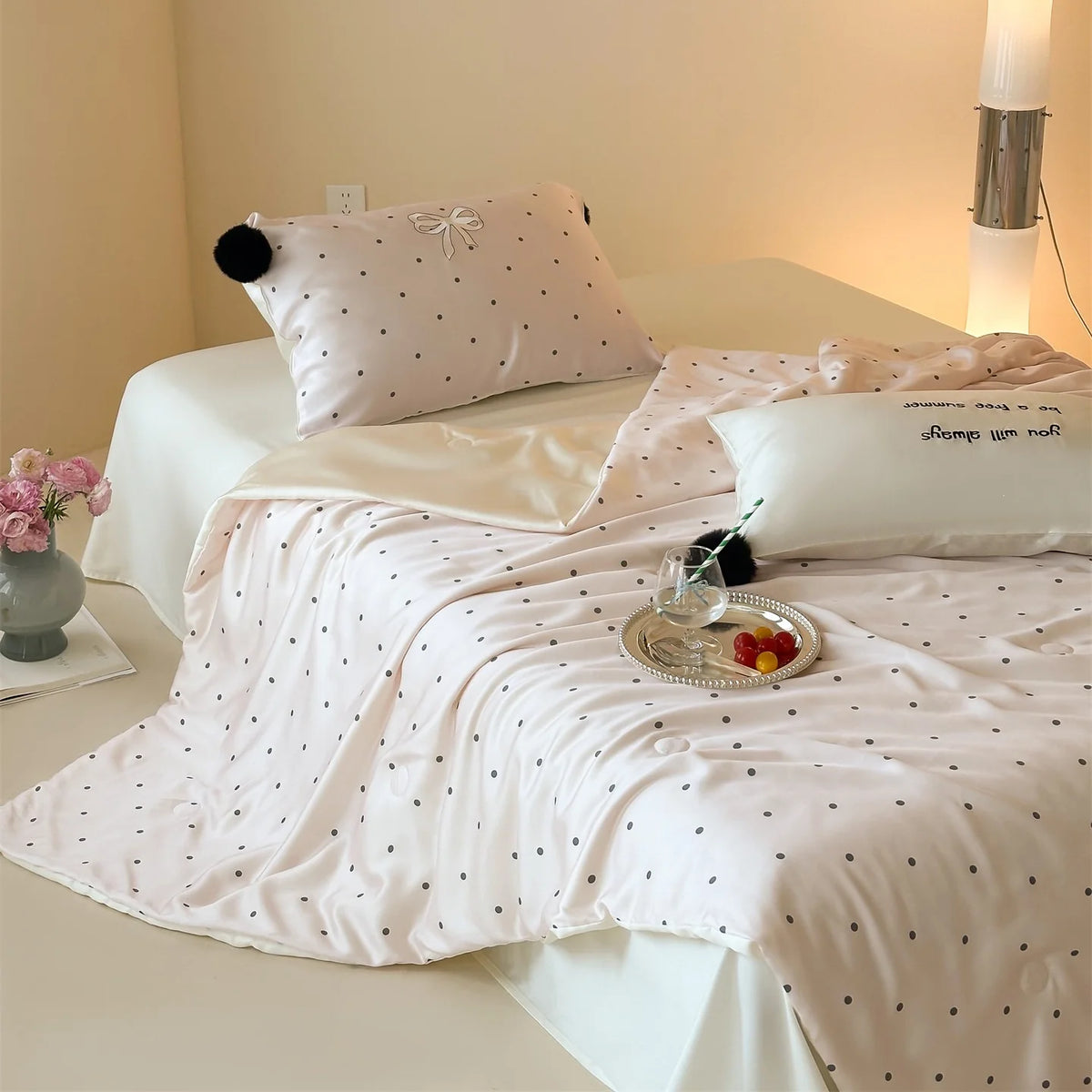 Satin Bedding Set Cooling Polka Dot & Pom-Pom Tassels
