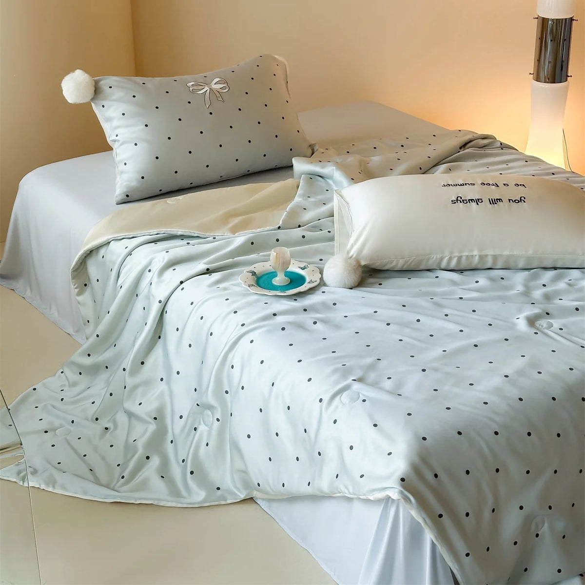 Satin Bedding Set Cooling Polka Dot & Pom-Pom Tassels