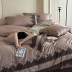 Satin Bedding Set Cotton Satin & Lace Embroidery 4-Piece