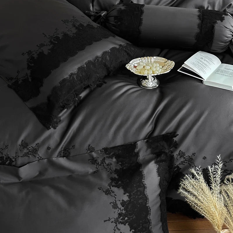 Satin Bedding Set Cotton Satin & Lace Embroidery 4-Piece