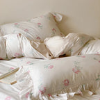 Satin Bedding Set Delicate Rose Ruffle Set of 4