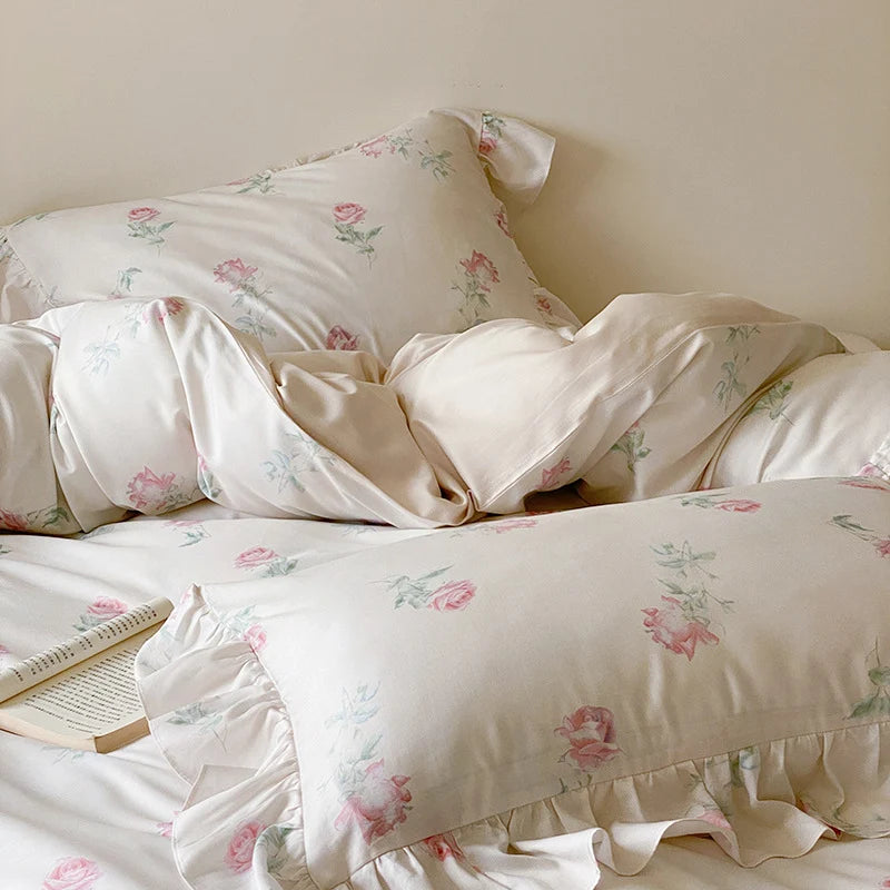 Satin Bedding Set Delicate Rose Ruffle Set of 4