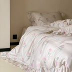 Satin Bedding Set Delicate Rose Ruffle Set of 4