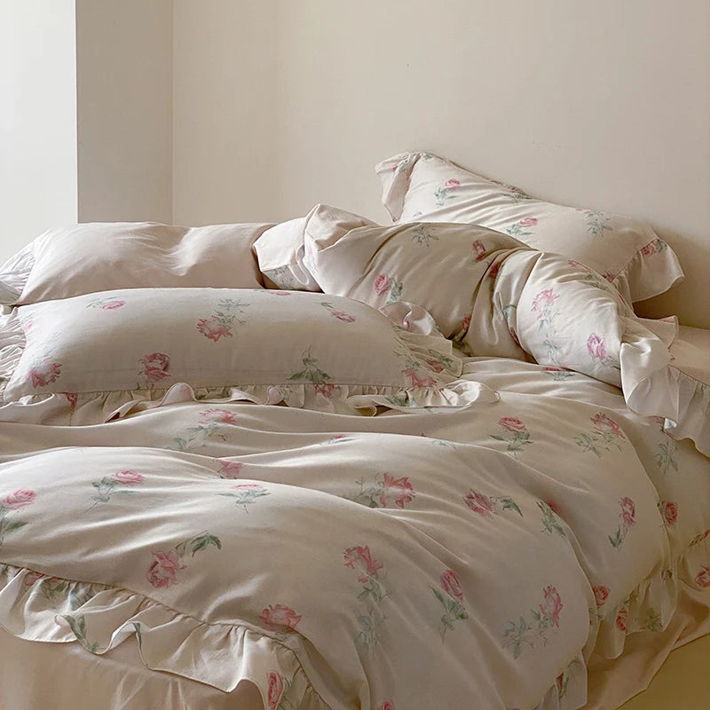 Satin Bedding Set Delicate Rose Ruffle Set of 4