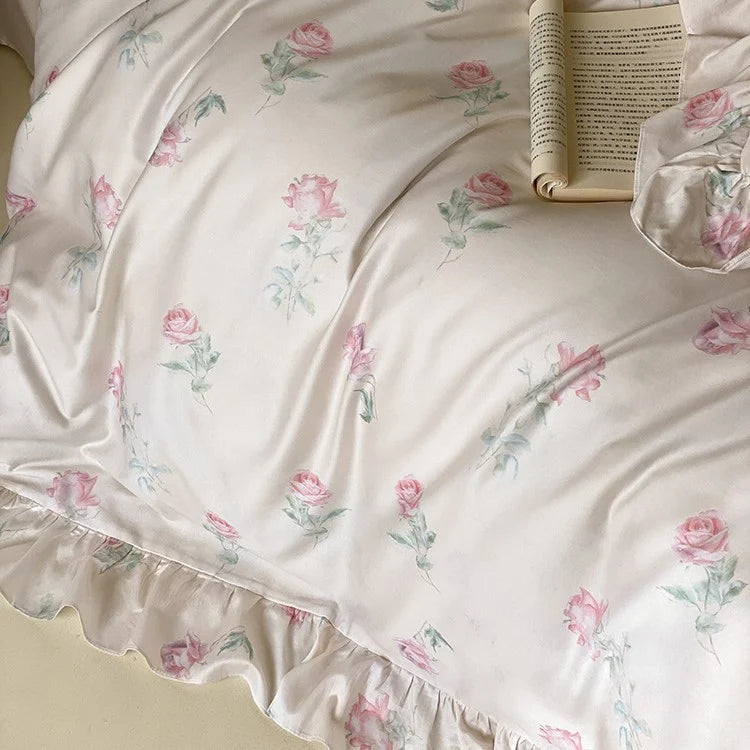 Satin Bedding Set Delicate Rose Ruffle Set of 4
