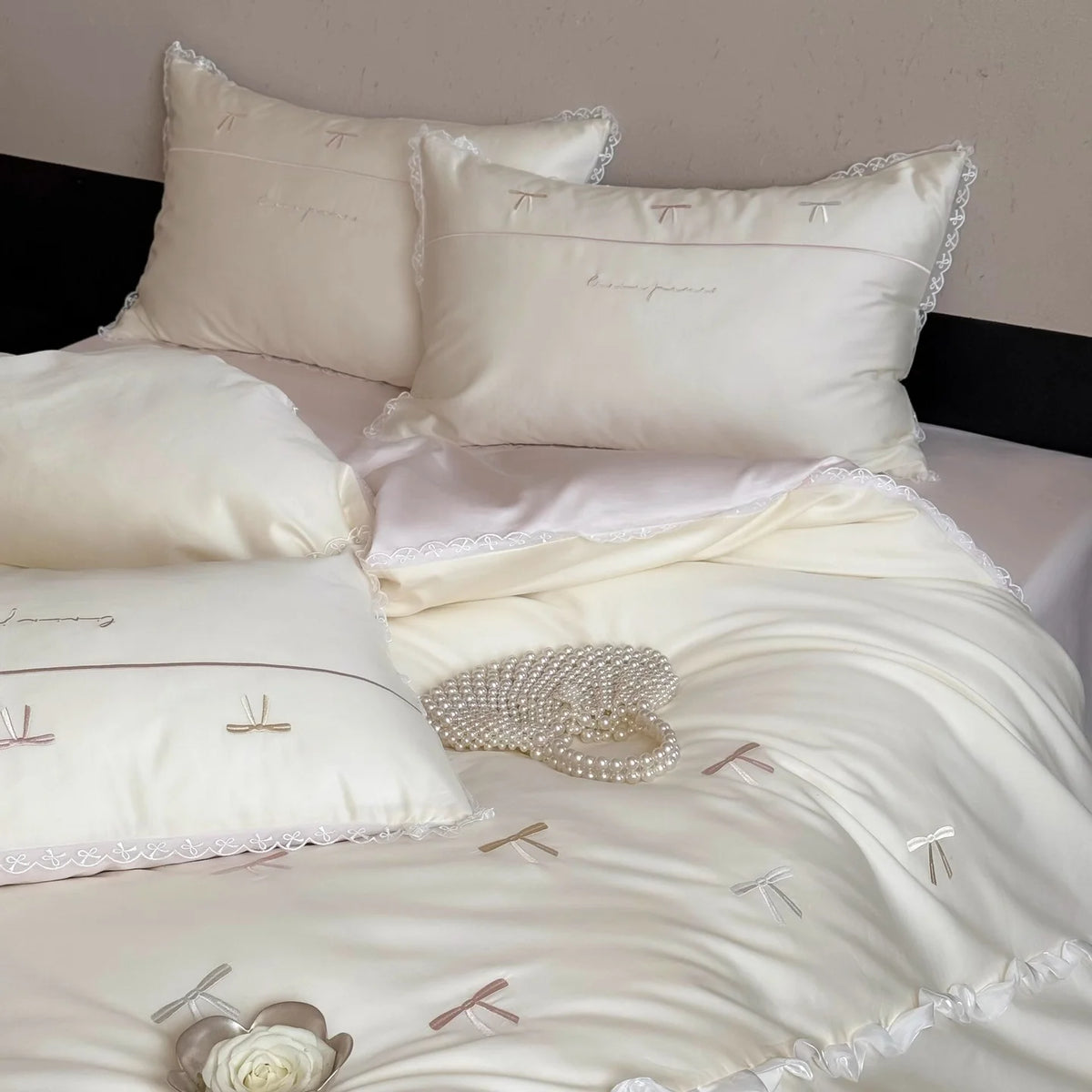 Satin Bedding Set Embroidered Bows & Lace Trim
