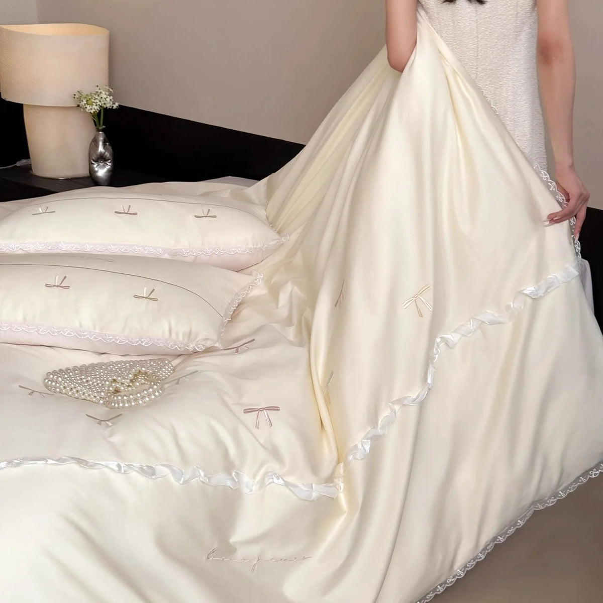 Satin Bedding Set Embroidered Bows & Lace Trim