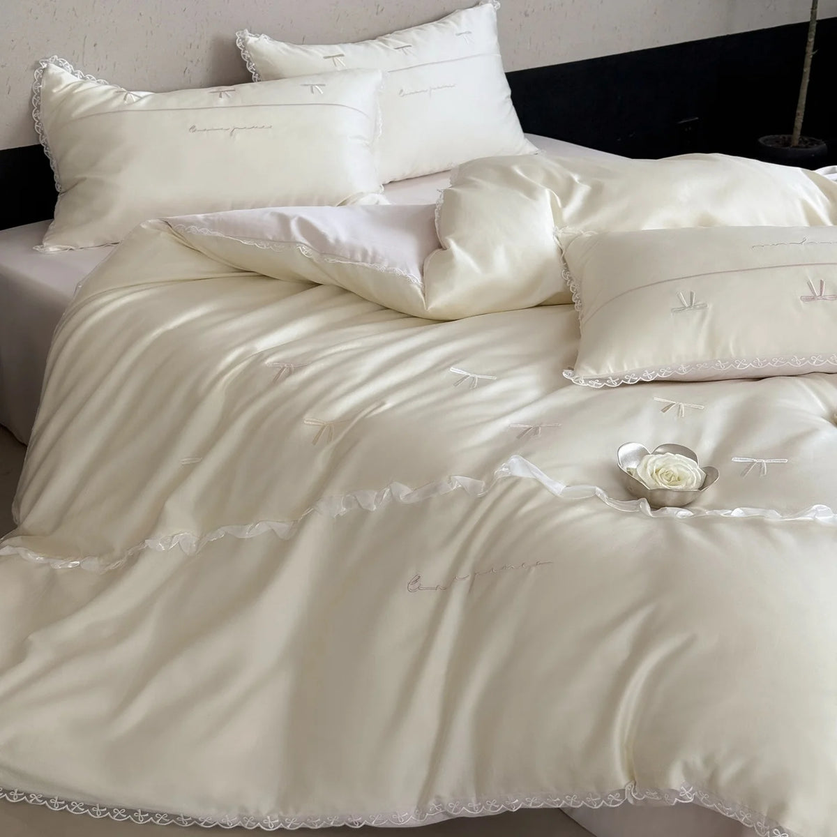 Satin Bedding Set Embroidered Bows & Lace Trim