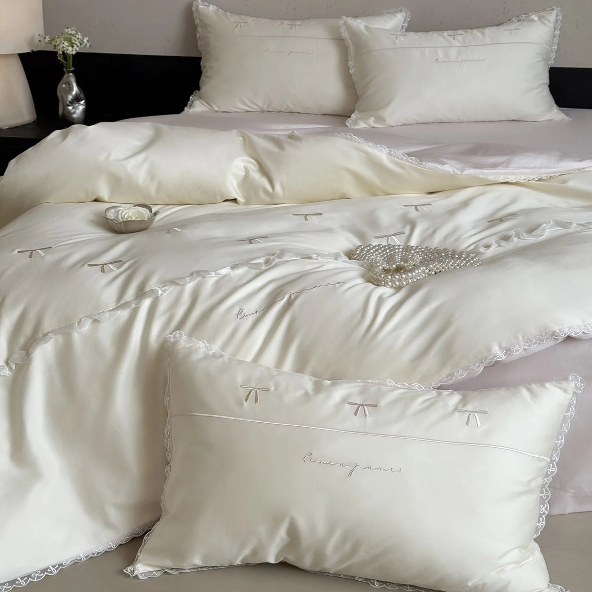 Satin Bedding Set Embroidered Bows & Lace Trim