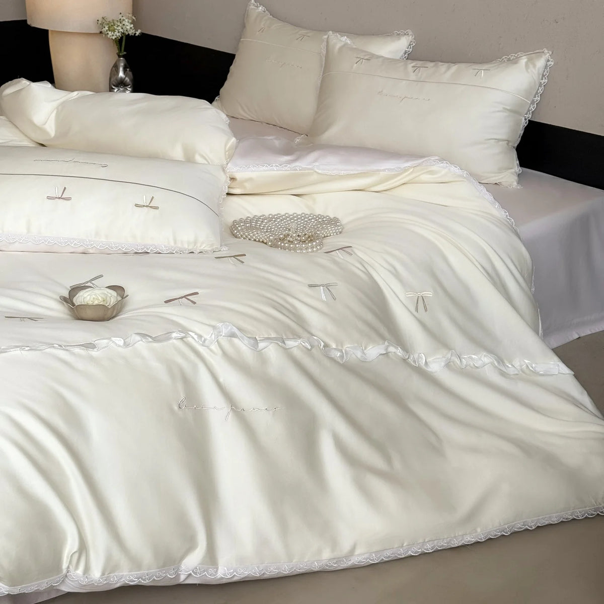 Satin Bedding Set Embroidered Bows & Lace Trim