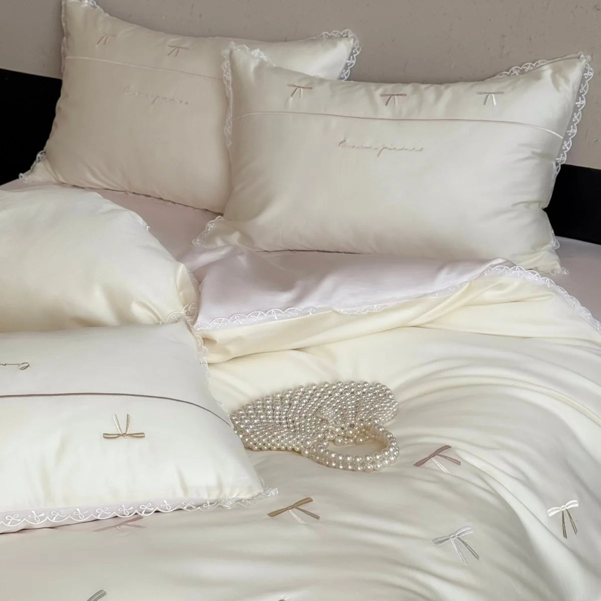 Satin Bedding Set Embroidered Bows & Lace Trim