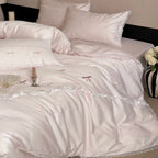 Satin Bedding Set Embroidered Bows & Lace Trim