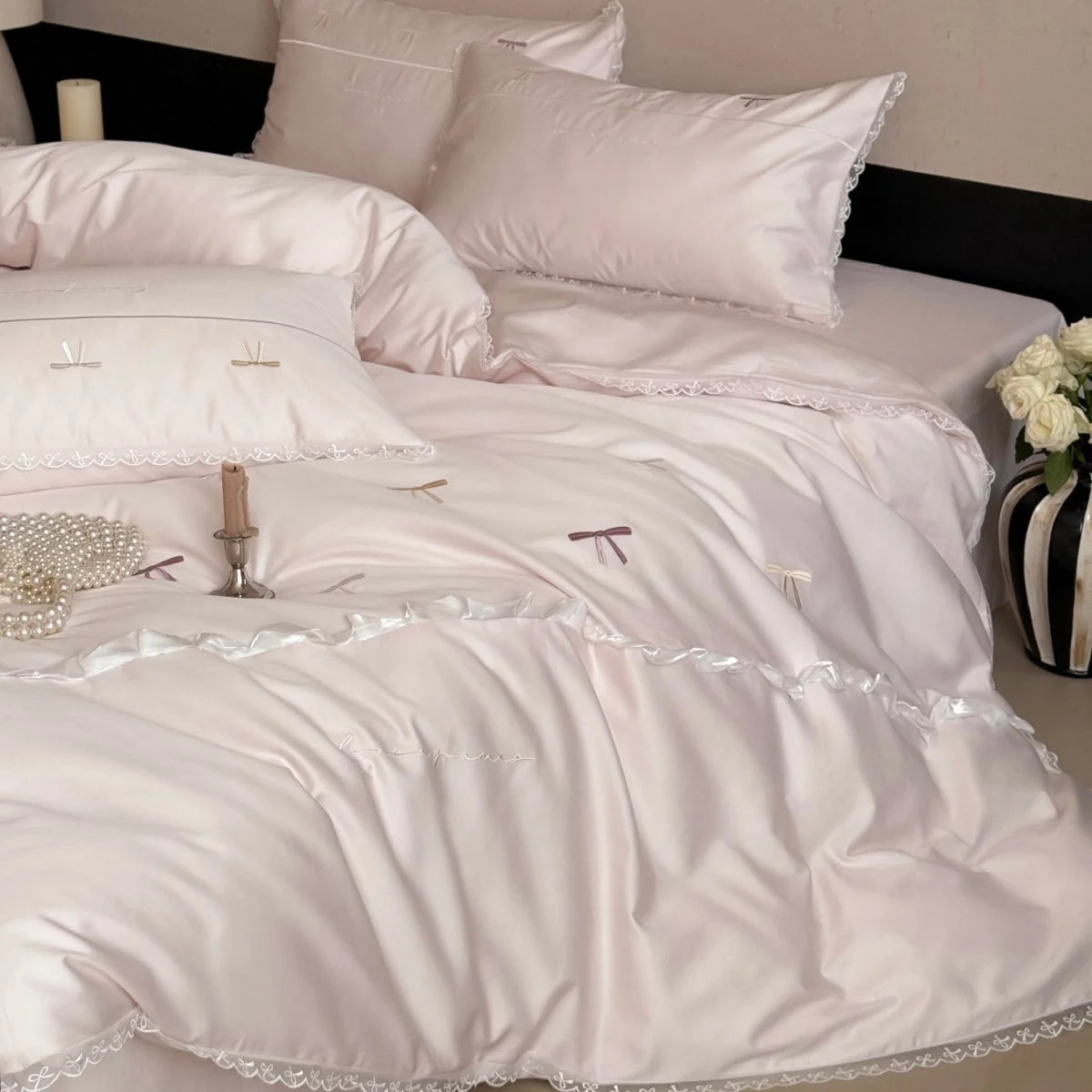 Satin Bedding Set Embroidered Bows & Lace Trim
