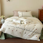 Satin Bedding Set Embroidered Floral Machine Washable