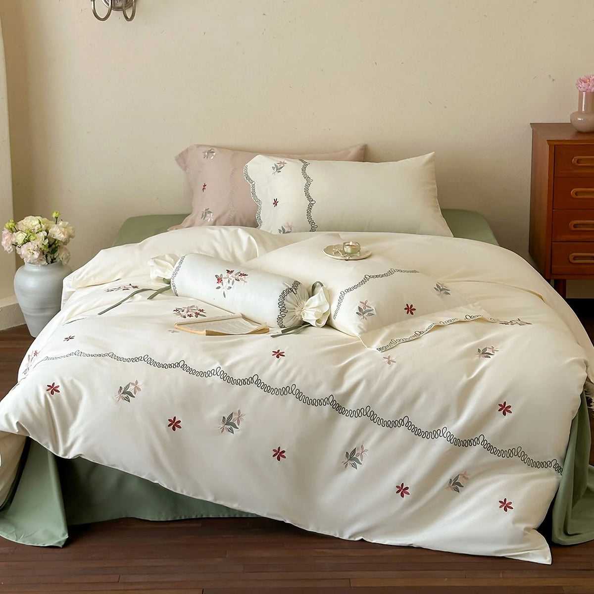 Satin Bedding Set Embroidered Floral Machine Washable