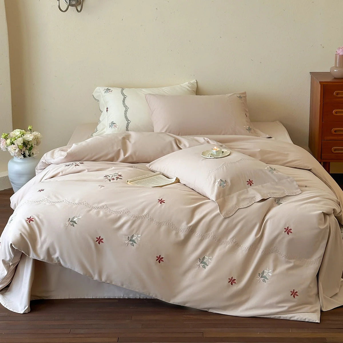 Satin Bedding Set Embroidered Floral Machine Washable