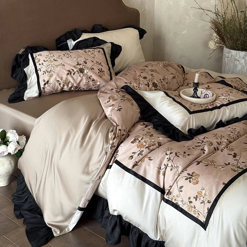 Satin Bedding Set Embroidered Floral Ruffle & Decorative Cushion