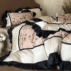 Satin Bedding Set Embroidered Floral Ruffle & Decorative Cushion