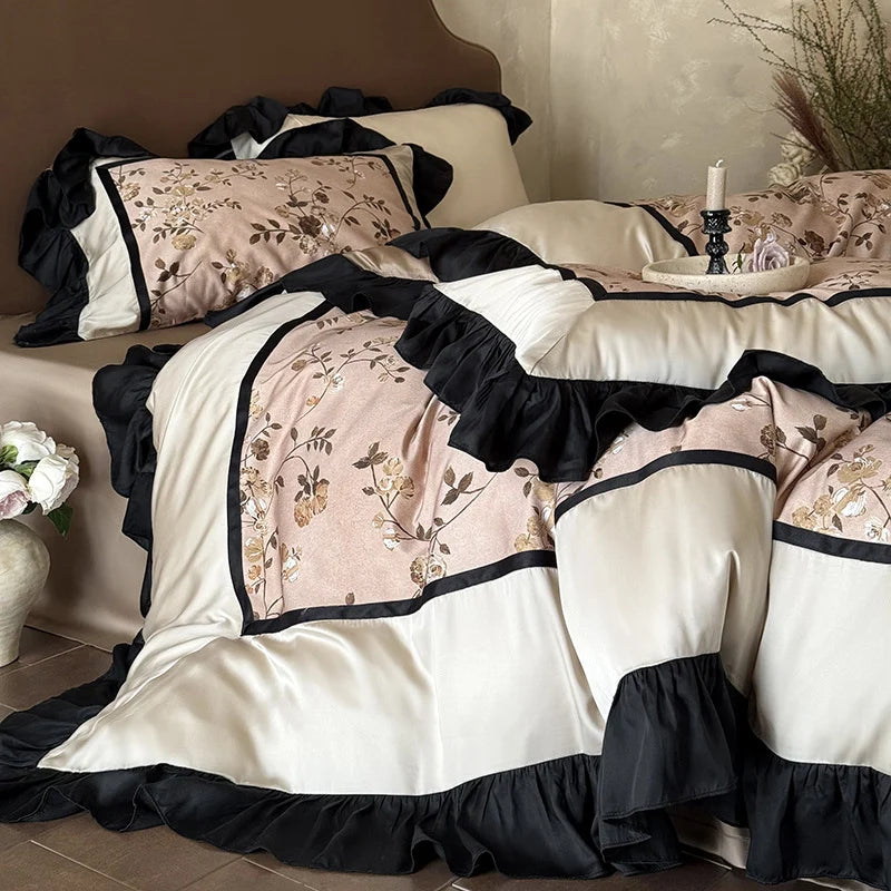Satin Bedding Set Embroidered Floral Ruffle & Decorative Cushion