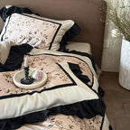 Satin Bedding Set Embroidered Floral Ruffle & Decorative Cushion