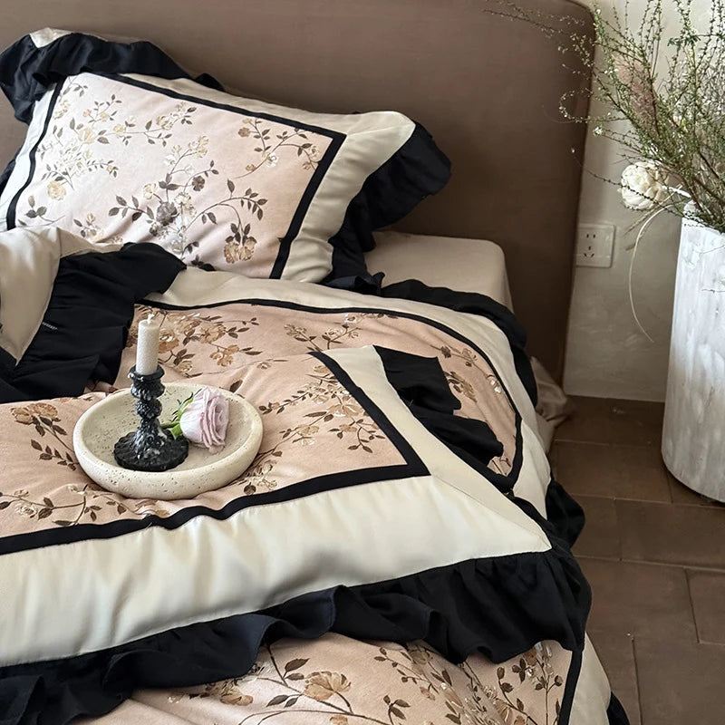 Satin Bedding Set Embroidered Floral Ruffle & Decorative Cushion