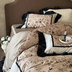 Satin Bedding Set Embroidered Floral Ruffle & Decorative Cushion