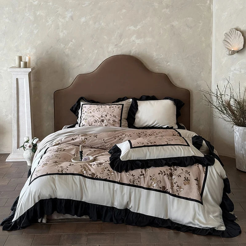 Satin Bedding Set Embroidered Floral Ruffle & Decorative Cushion