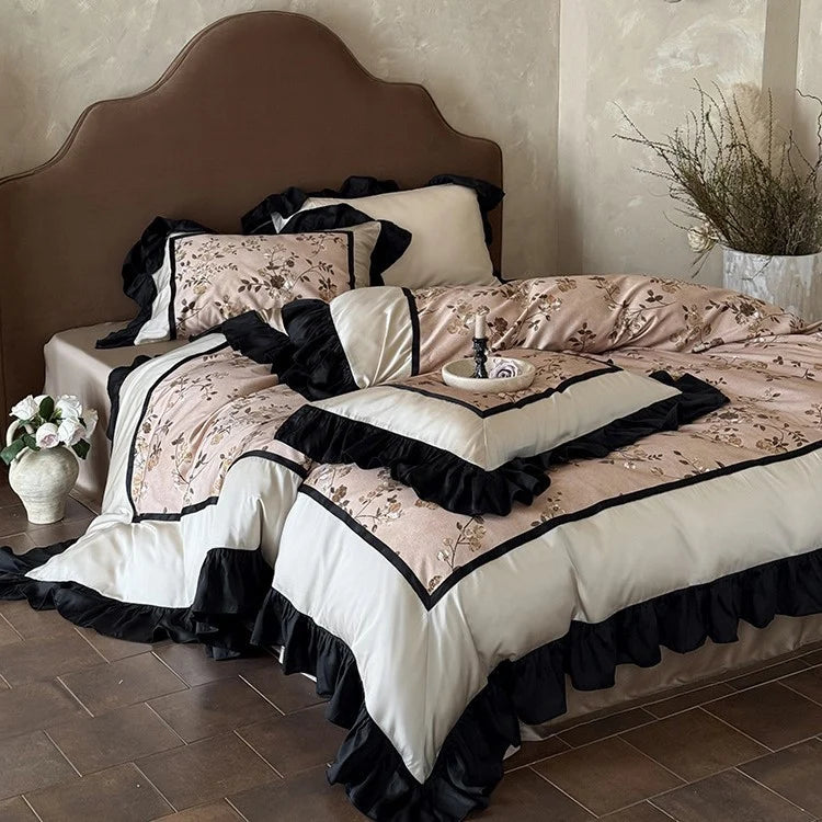 Satin Bedding Set Embroidered Floral Ruffle & Decorative Cushion