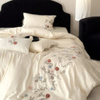 Satin Bedding Set Floral Embroidery Temperature Regulating