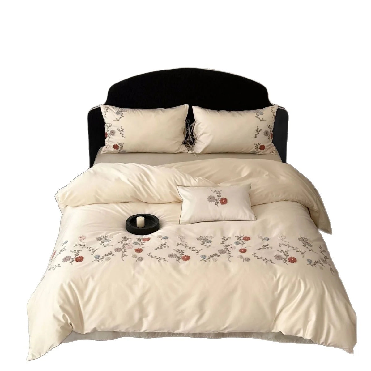 Satin Bedding Set Floral Embroidery Temperature Regulating