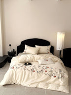 Satin Bedding Set Floral Embroidery Temperature Regulating