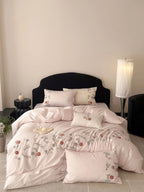 Satin Bedding Set Floral Embroidery Temperature Regulating