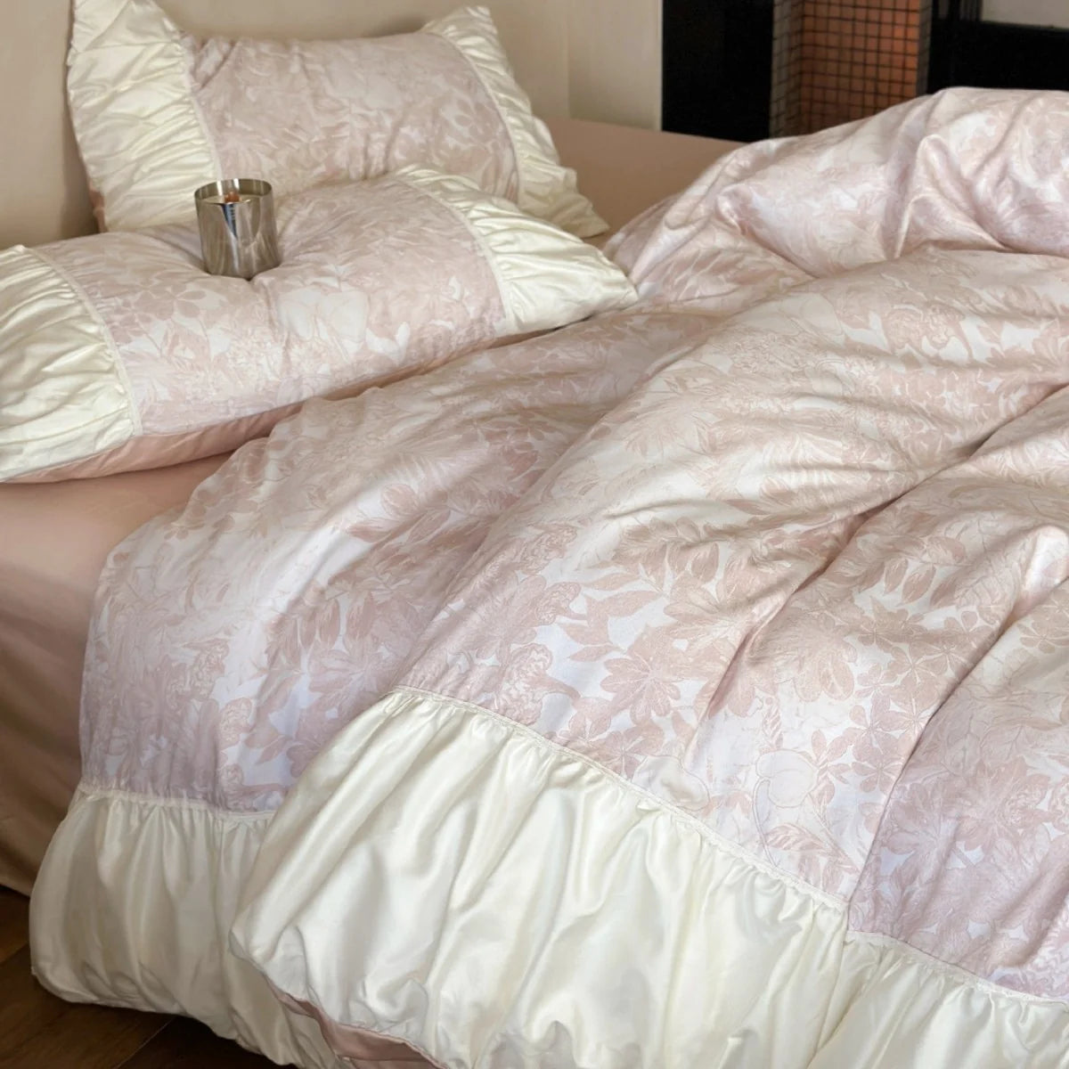 Satin Bedding Set Floral Jacquard & Ruffled Edges