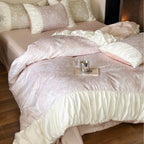 Satin Bedding Set Floral Jacquard & Ruffled Edges