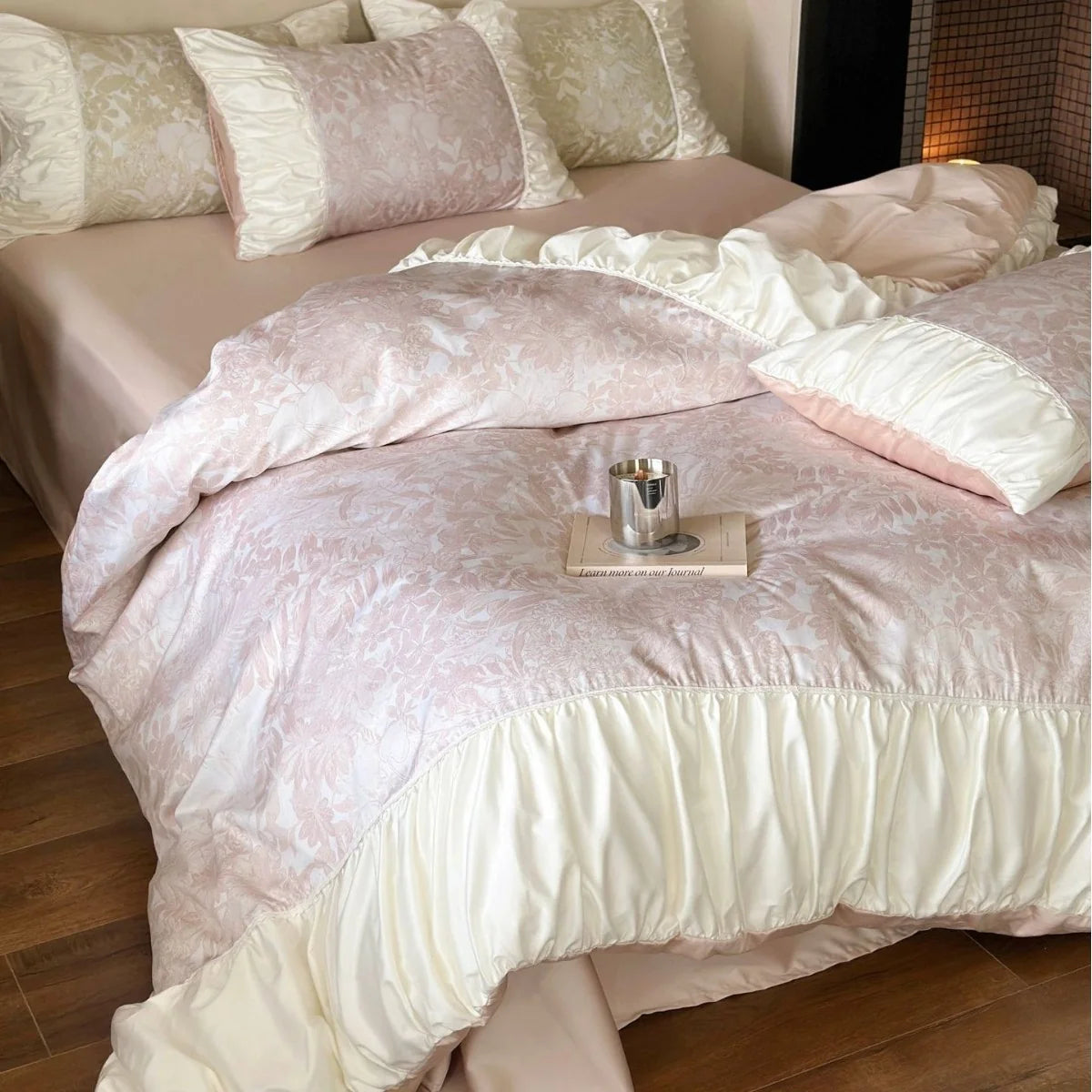 Satin Bedding Set Floral Jacquard & Ruffled Edges