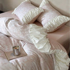 Satin Bedding Set Floral Jacquard & Ruffled Edges