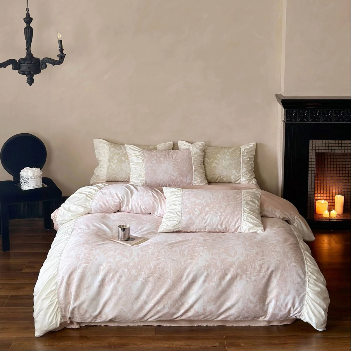 Satin Bedding Set Floral Jacquard & Ruffled Edges