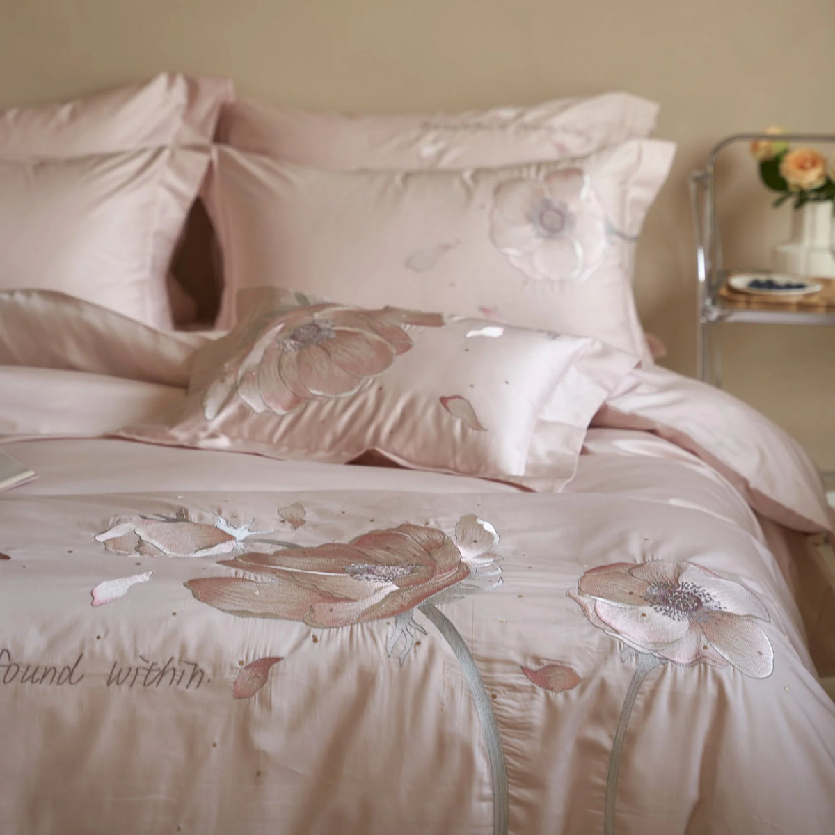 Satin Bedding Set Floral Relief Embroidery & Breathable