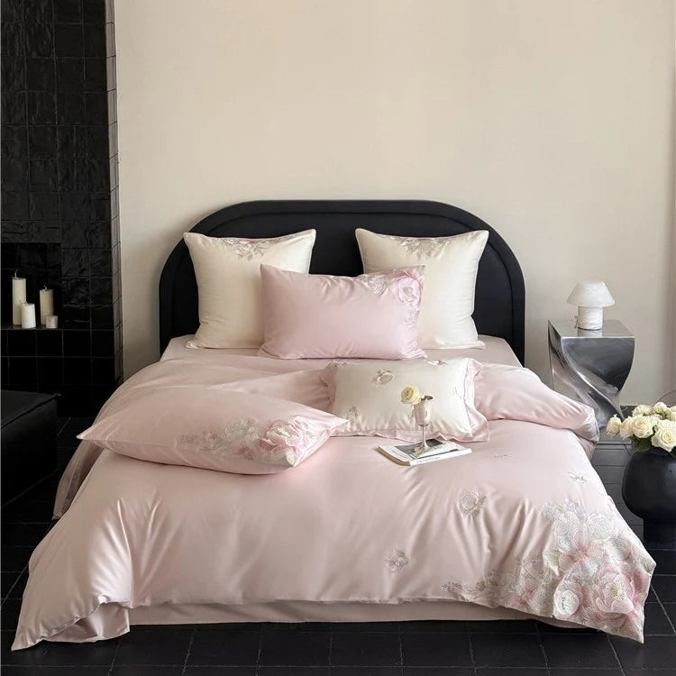 Satin Bedding Set Floral Relief Embroidery & Breathable