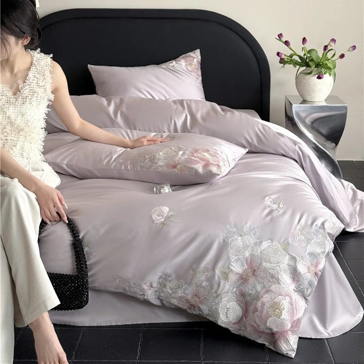 Satin Bedding Set Floral Relief Embroidery & Breathable