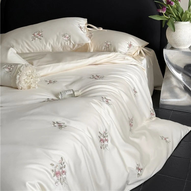Satin Bedding Set Floral Relief Embroidery & Breathable