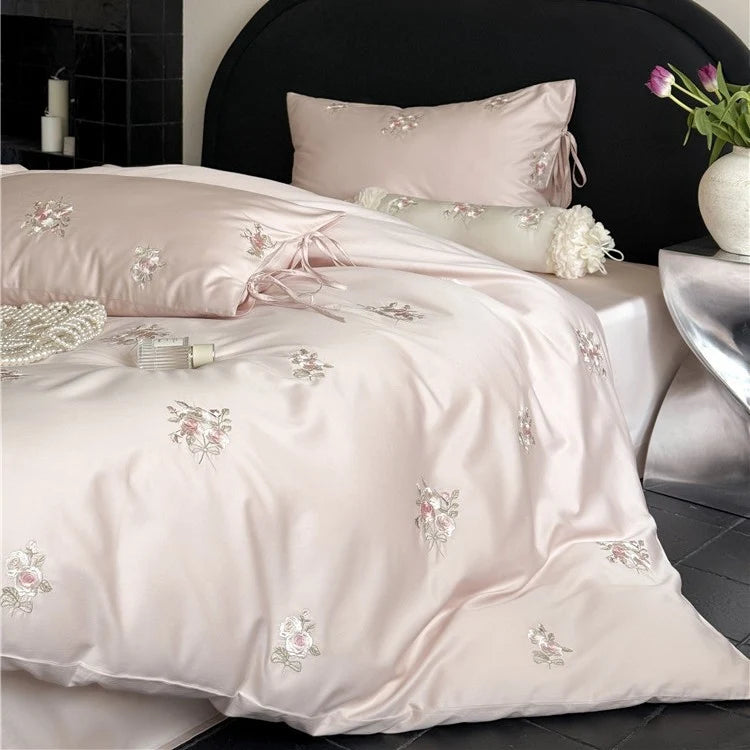 Satin Bedding Set Floral Relief Embroidery & Breathable