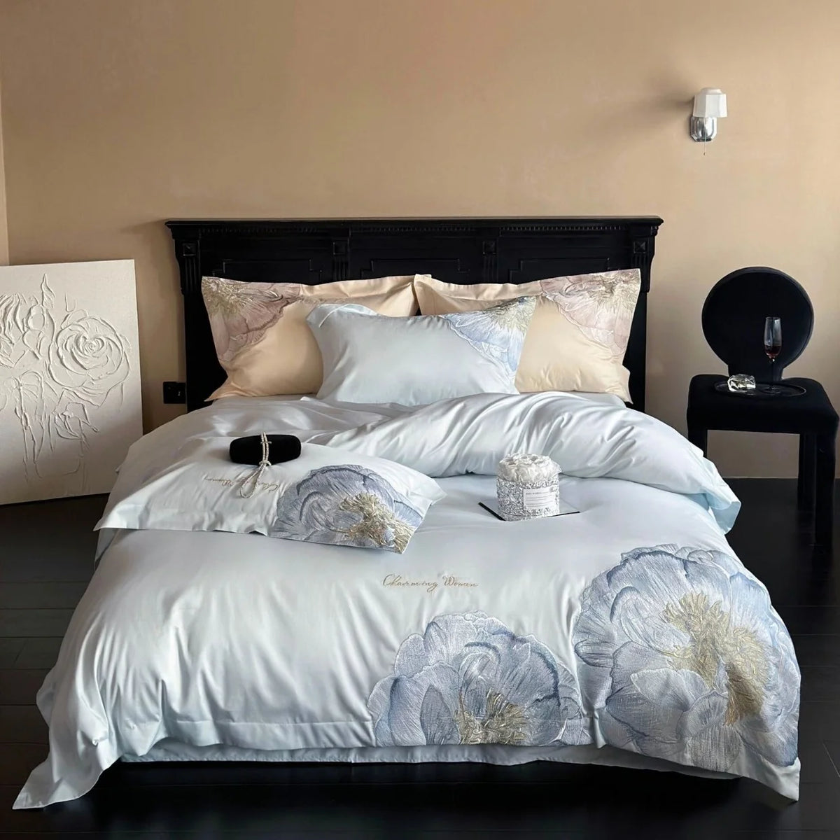 Satin Bedding Set Floral Relief Embroidery & Breathable
