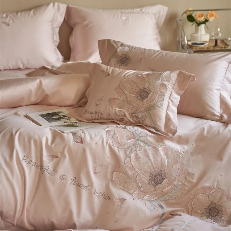Satin Bedding Set Floral Relief Embroidery & Breathable